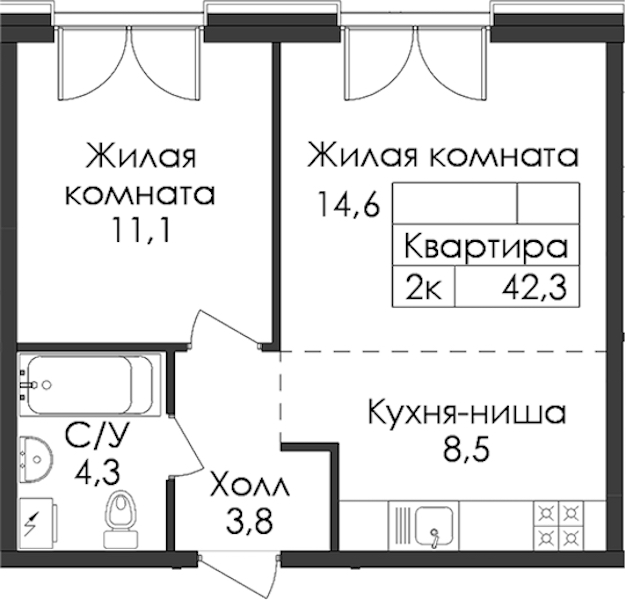 1-комнатная квартира 42.3 м², 2/7 эт., ЖК «Лермонтовский 54»